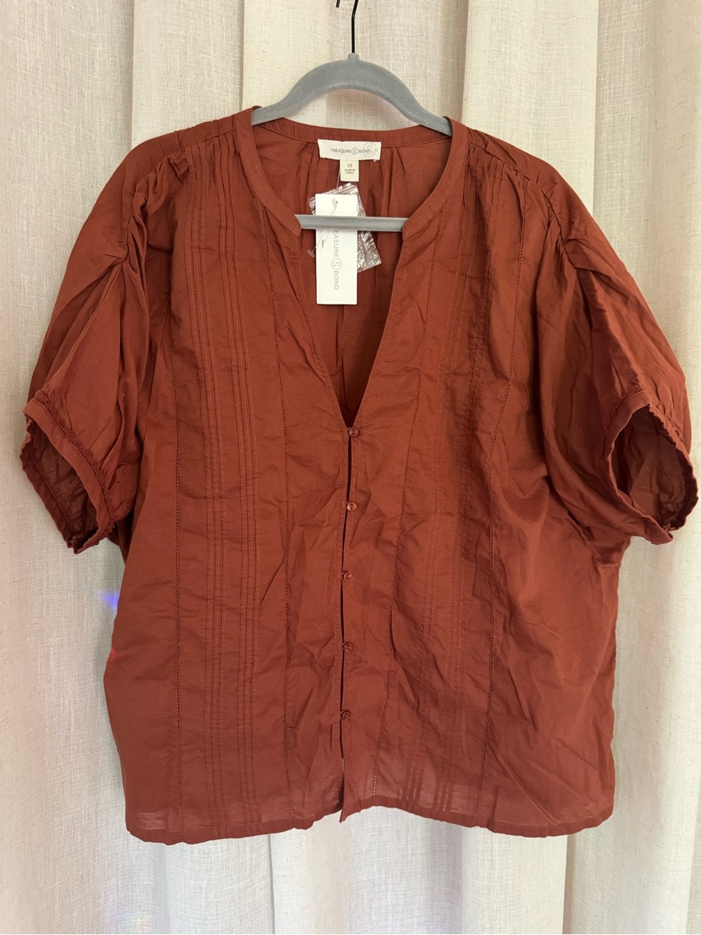 New Treasure & Bond Rust Button-Front Pintuck Blouse 100% Cotton Airy 1X NWT